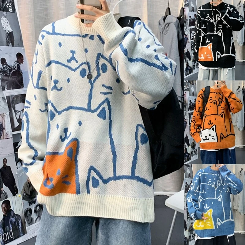 Men Long Sleeve Sweater Harajuku Cartoon Cat Printed Pullover Top Hip-Hop Oversized Loose Knitwear Round Neck Streetwear