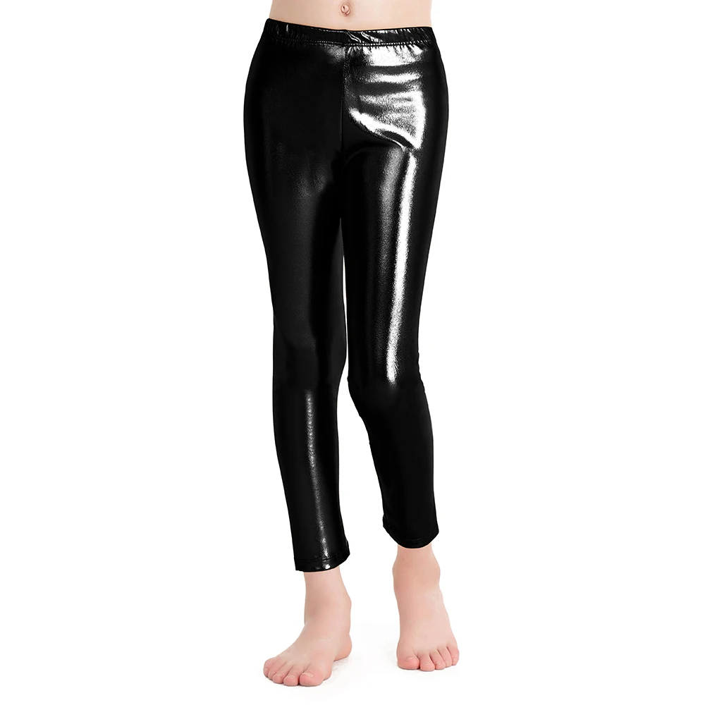 

Aoylisey Girls Mid Waisted Shiny Metallic Leggings Ankle Length Dance Pants Kids Stage Performance Leggings