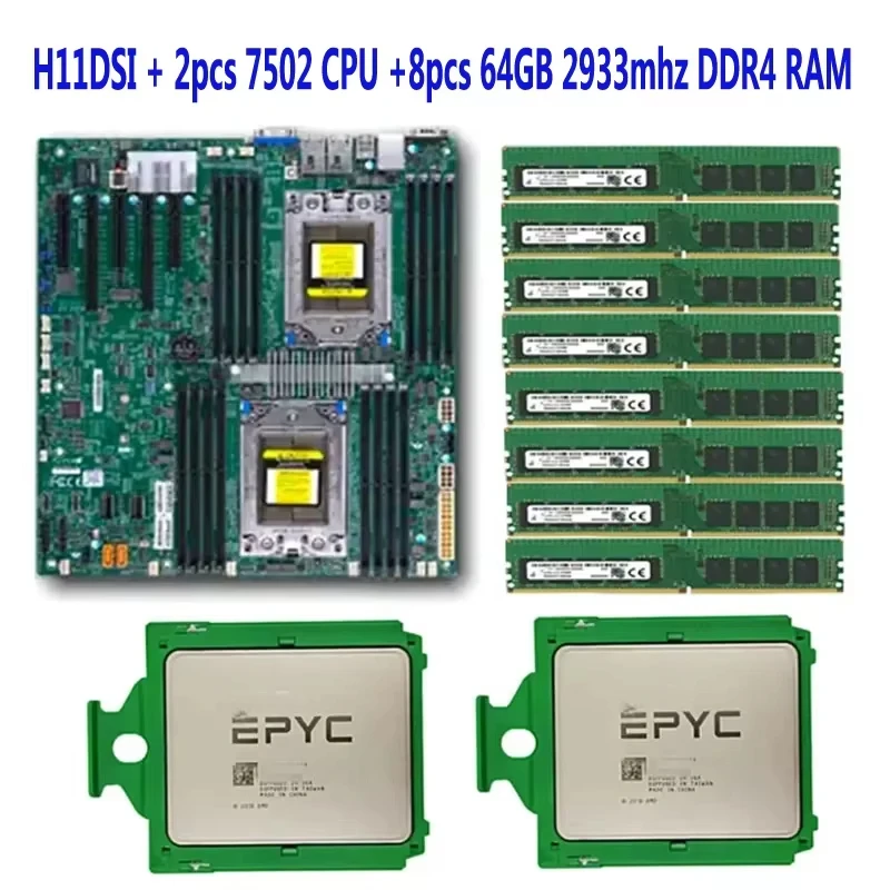 H11DSI rev2.0 Server Motherboard  / 2* EPYC 7502 64C/128T 280W CPU Processor  / 8* 64GB =512GB 2933mhz DDR4 RAM Memory 2P SP3 Co