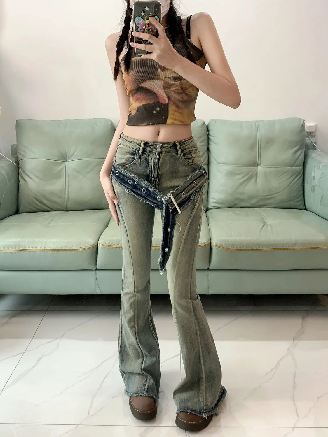 Calça feminina de cintura alta com fundo de sino, calça simples, selvedge áspero, moda e vintage, rua americana, nova, primavera, 2022