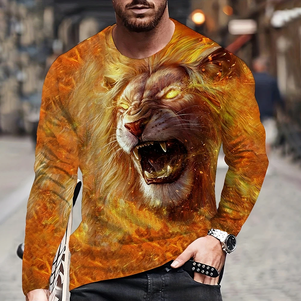 3D Animal Flaming Lion Stereoscopic Printing Autumn Men's O Neck Casual Long Sleeve Oversized T Shirt Fashion Pullover Men's