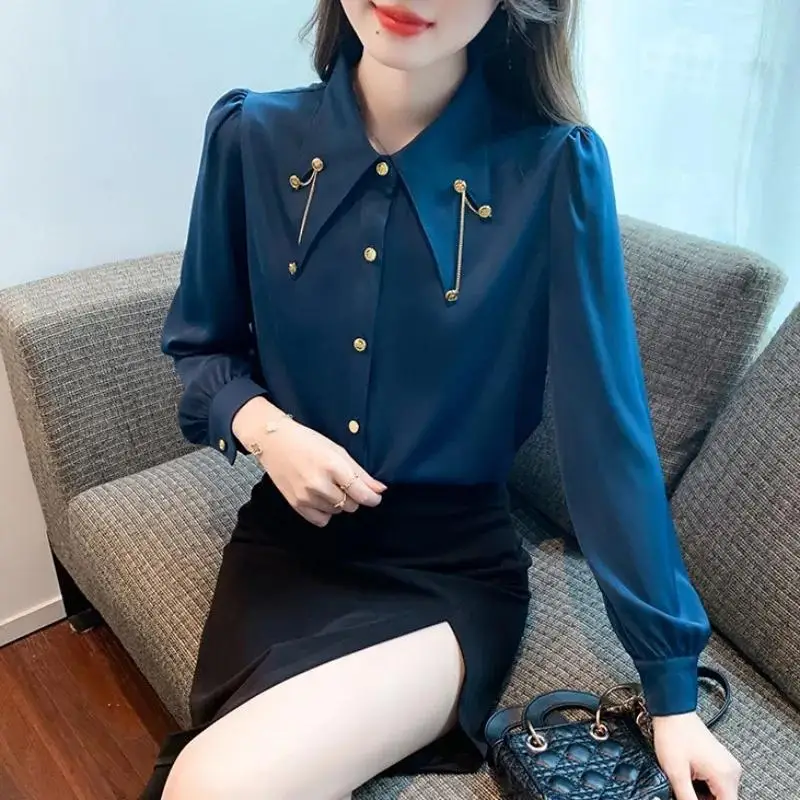 Fashion Lapel Solid Color Spliced Button Shirts Female Clothing 2023 Autumn Winter New Loose Elegant Tops Office Lady Blouses