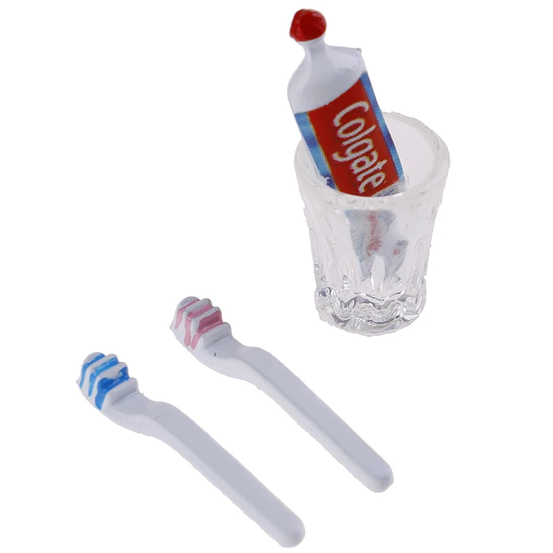 Miniatura Mini Creme Dental Escova Cup, Dollhouse Cozinha Brinquedos, 1:12, 4Pcs por Conjunto