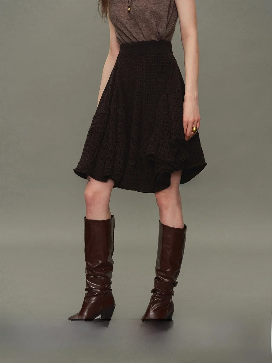 

Плотная вязаная асимметричная многослойная юбка А-силуэта с вырезами, средней посадкой на талии, из полиэстера, для повседневного образа