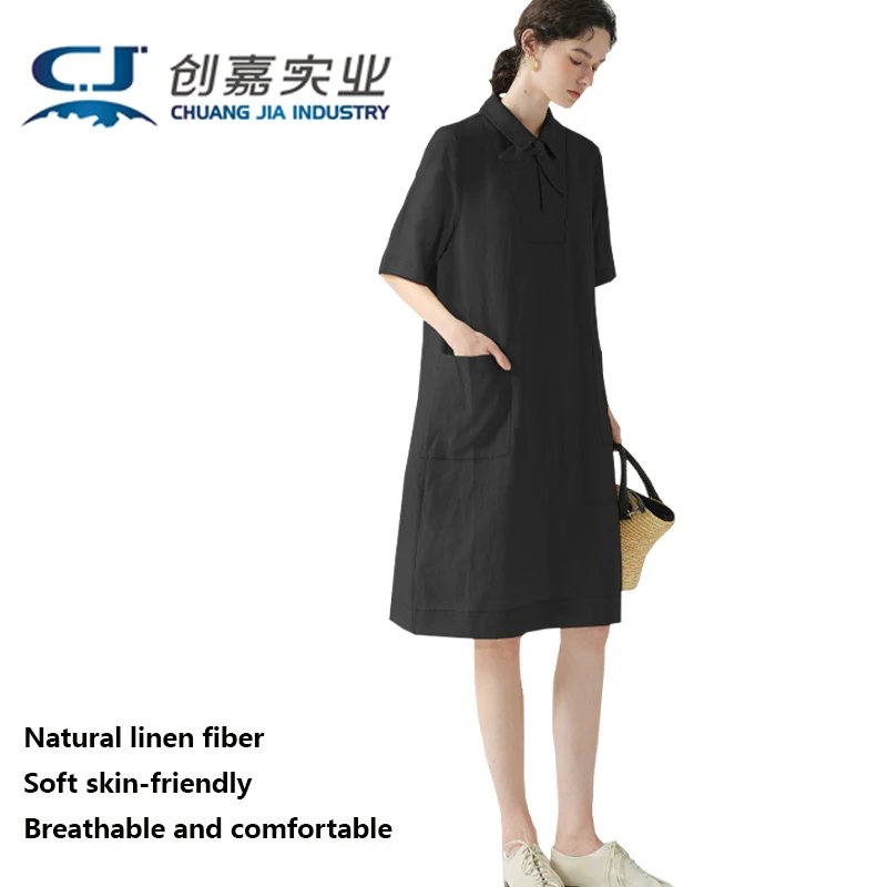 High-end Linen Women's Short-sleeved Dress Ginger Temperament Elegant Mid-length Skirt Youth Fashion Women's Free Shipping