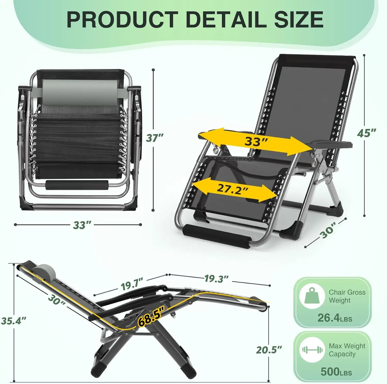 Suteck Oversized Zero Gravity Chair,33In Xxl Lounge Chair W/Removable Cushion&Headrest, Reclining Camping Chair W/Upgraded Lock