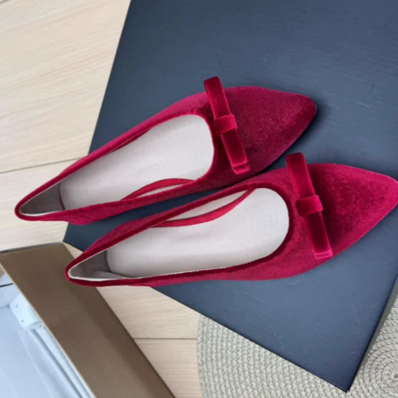 Lady Girl Sweet Shoes Pointy Tip Comfortable Flock Slip-On With Bow-tie Dress Shoes Green Rose Red Dating Party Footwear 48 33 3