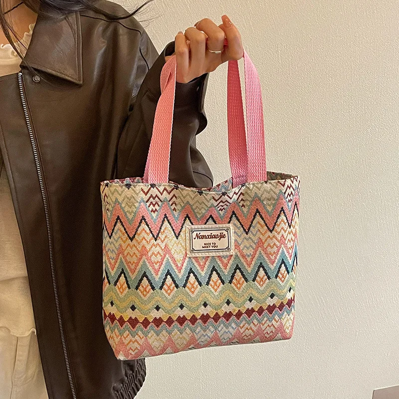 Bohemian Ethno-Stil Geometrischer Druck Canvas-Umhängetasche, Bunte Zickzack-Muster-Handtasche für Damen, Leichte Pendler-Tragetasche – Detail 14