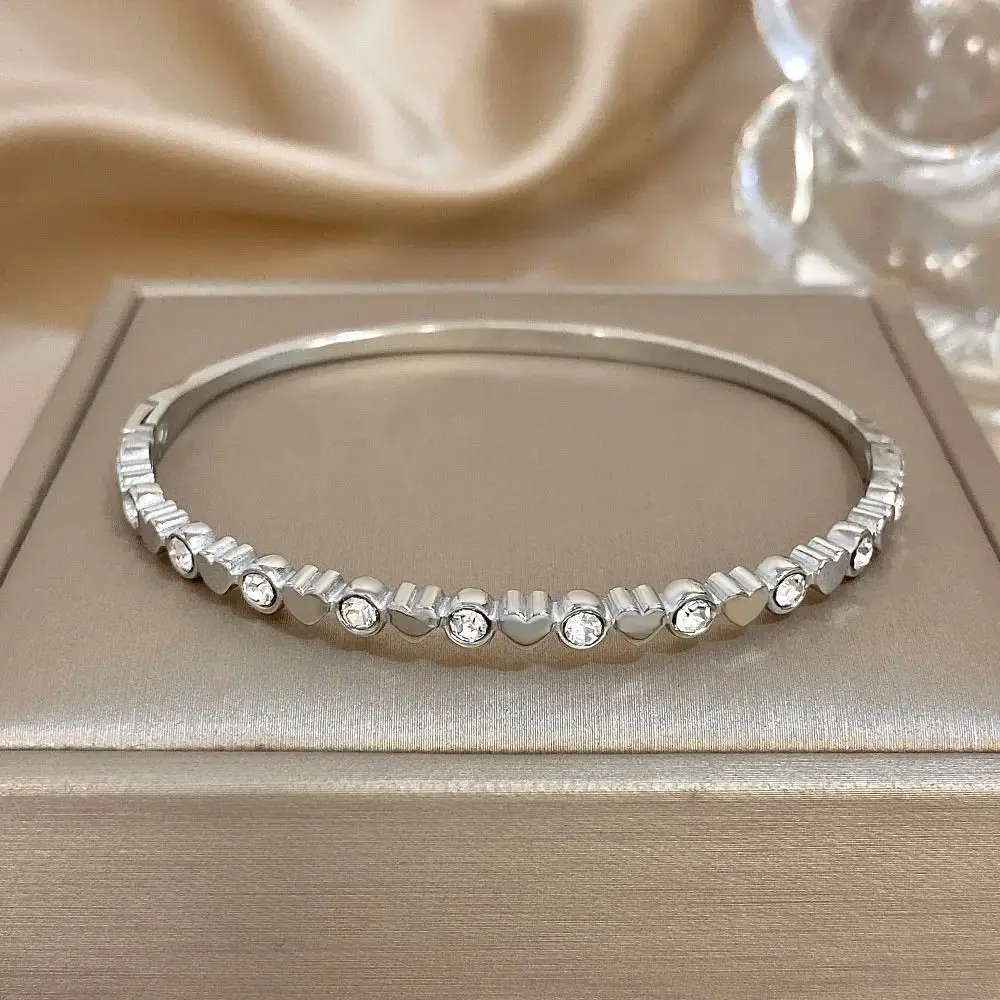 لطيف الخرز الكفة سوار حجر الراين الحب القلب مكدسة أساور الفولاذ المقاوم للصدأ تألق موضة الفولاذ المقاوم للصدأ الإسورة الطرف #5