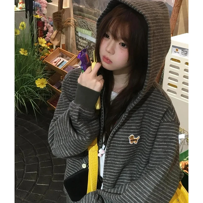 女性韓国ストライプフード付きスウェットシャツ原宿 Y2K アメリカンヴィンテージジャケット長袖ルーズカジュアルストリートクラシックレイジーコート