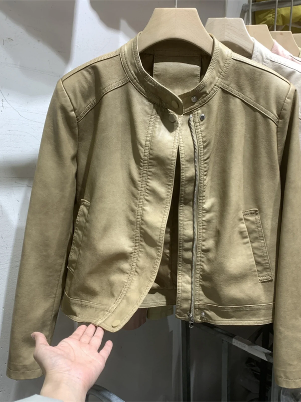 Hong Kong in pelle rosa Jaet da donna ort Casual Sle Primavera Autunno Dimagrante Cappotto in pelle versatile Pendolarismo Faion