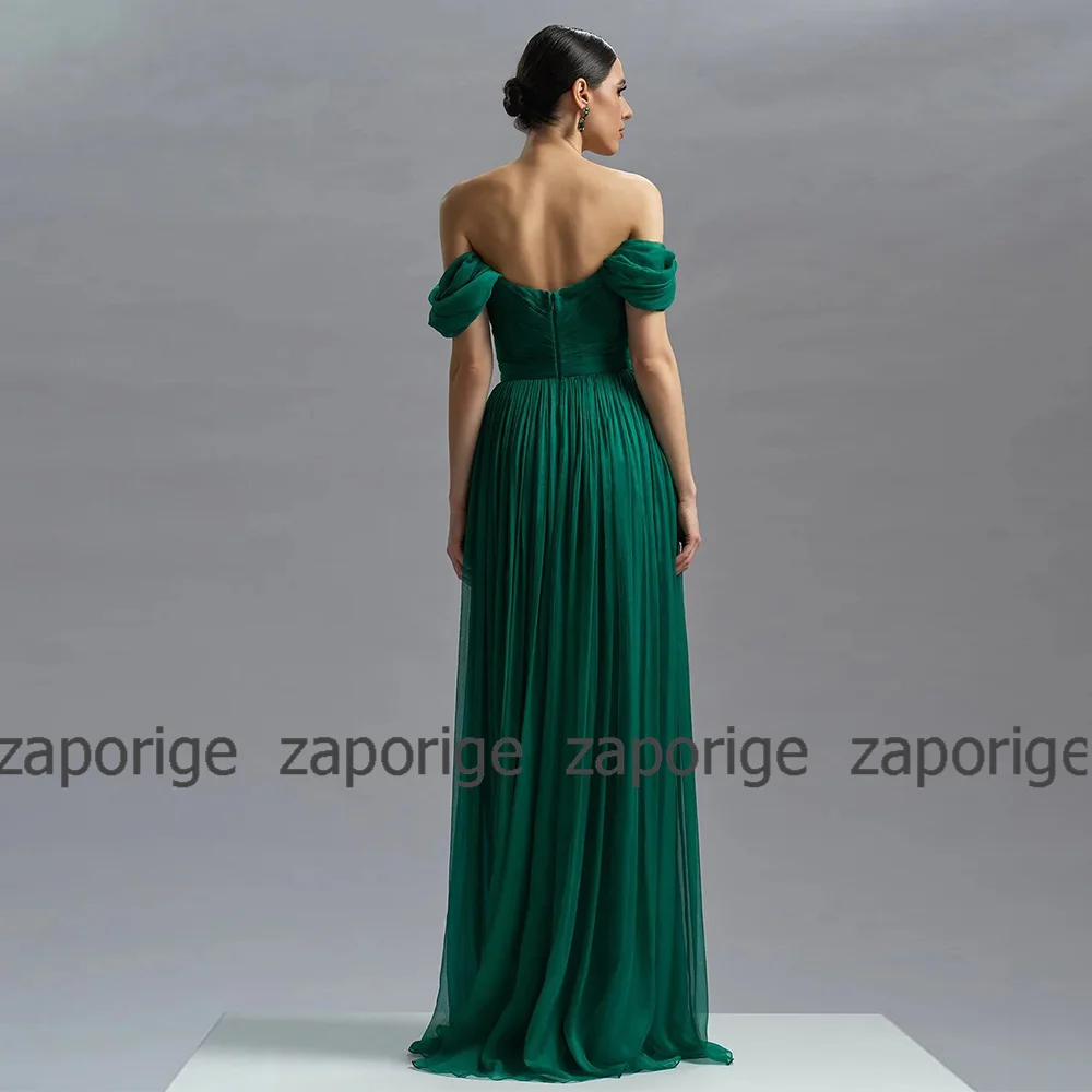 Elegant Party Dresses for Women Hunter Green 30D Chiffon Pleat Ruched Side Slit  A-line Off-the-Shoulder Evening Dresses Long