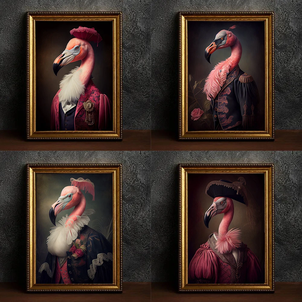 Victorian Flamingo Portrait Art Canvas Painting Gift Regal Pet Poster Prints Living Room Bedroom Wall Picture Home Decor Cuadros