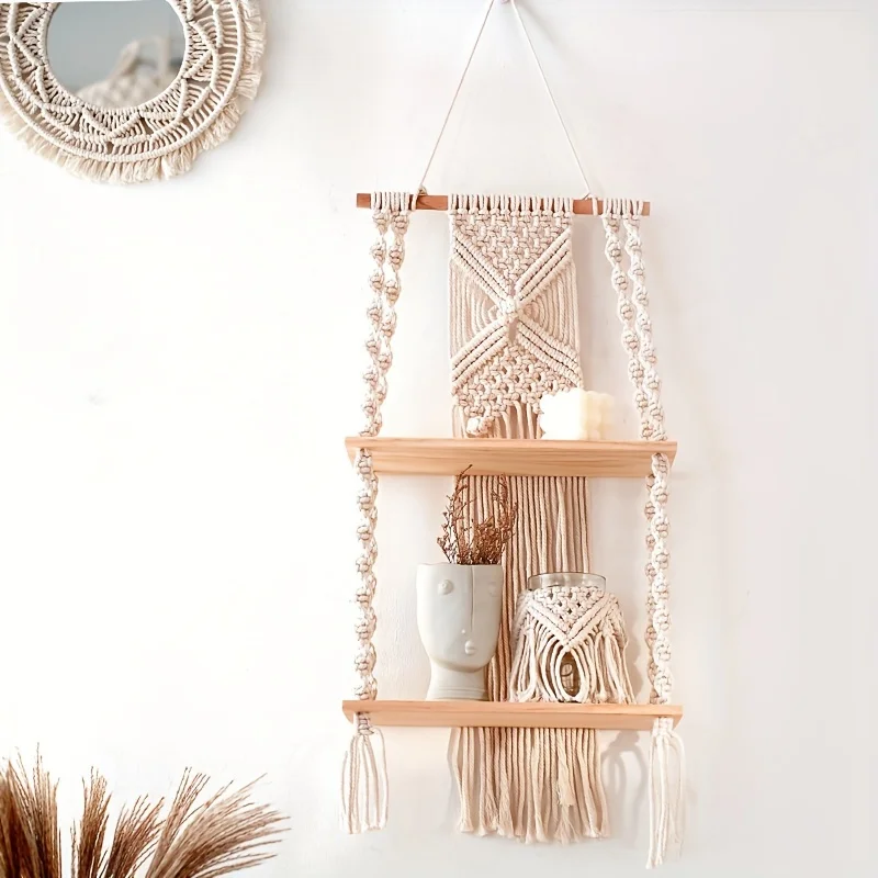 

Bohemian 2-Tier Floating Shelf with Tassels - Wooden Hanging Wall Display & Decorative Storage for Living Room, Bedroom Decor