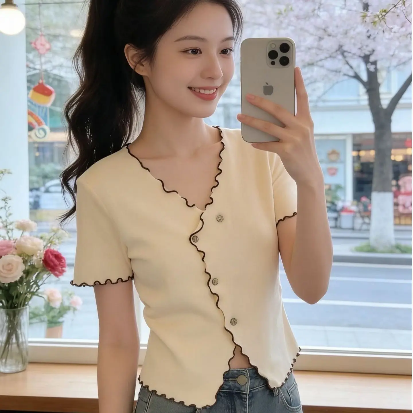 Ladies Short Sleeve Ribbed Knit Top Apricot V Neck Scallop Edge Contrast Trim Button Front Slim Waist Cropped Summer Blouse