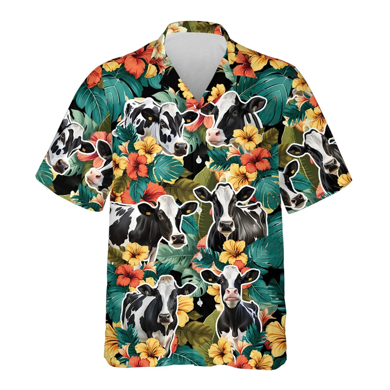 Hawaiian Men\'s Shirt 3D Printing Summer Cow Pattern Oversized Comfortable Casual Tops Short Beach Clothing Street Wear Shirts