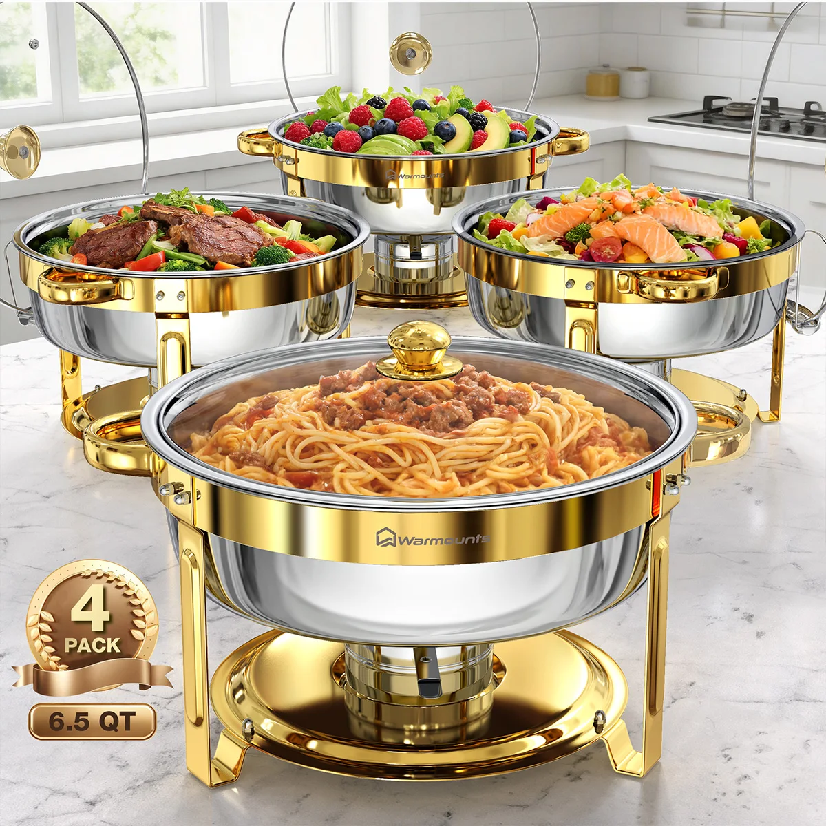 6,5QT Chafing Dishes voor Buffet, Ronde Chafing Dish Buffetset, RVS Buffet Warmhouders Set voor Catering Evenementen Feesten