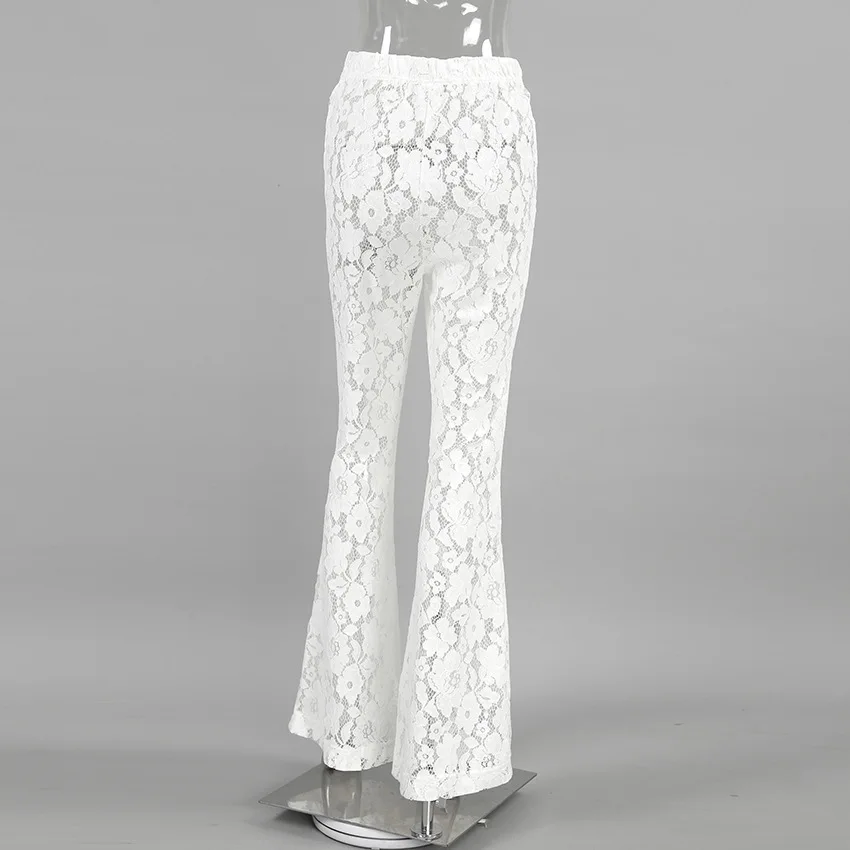 DSMTRC-Pantalon évasé en dentelle pour femme, mince, solide, taille haute, long, transparent, sexy, fête, élégant, blanc, fjSpring, mode 2024