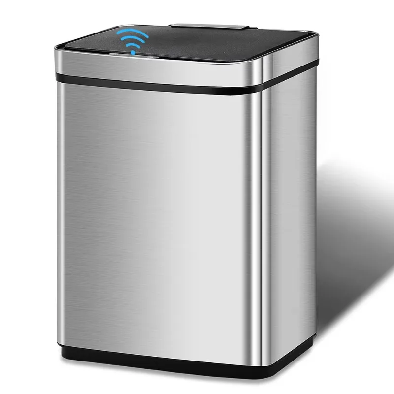 Large non-contact sensor trash bin with silent soft-closing lid, stainless steel material
