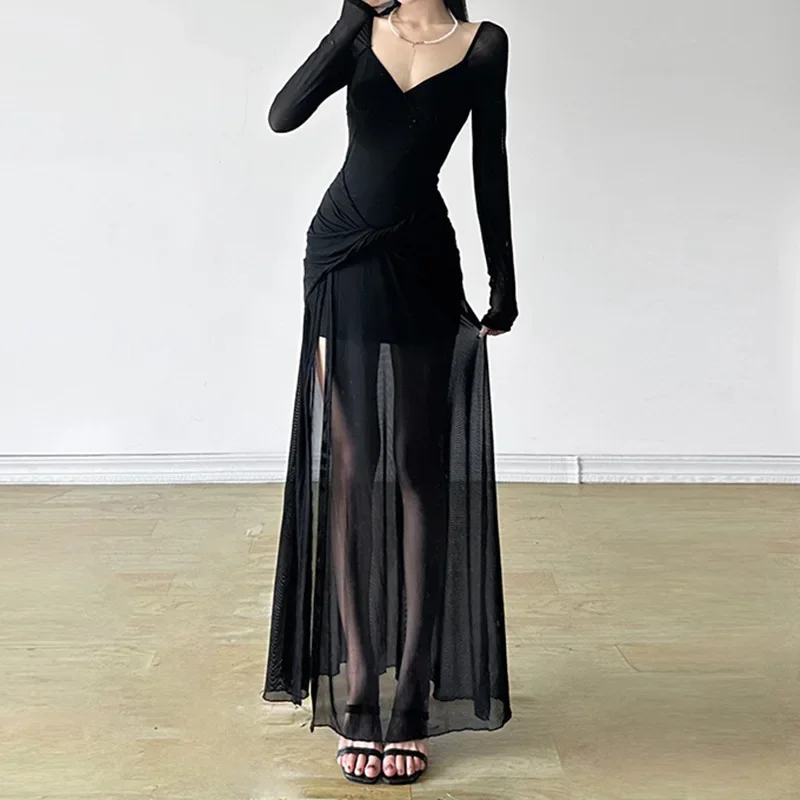 2025 New Vintage Dark Techwear Elegant V-neck Irregular Hem Maxi Dress Female Gothic Party Gown Y2K Mesh Patchwork Flods Dresses