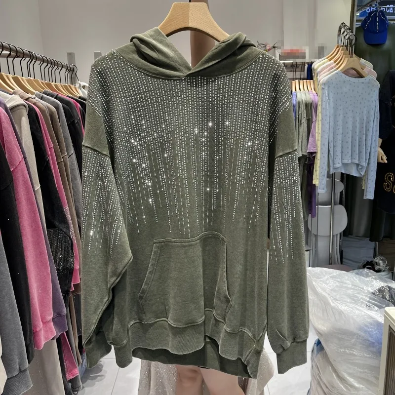 2025 Early Autumn New Fashionable Hooded Sweatshirts For Women's Heavy Rhinestone Design Trendy Brand Cool Long-sleeves Hoodies