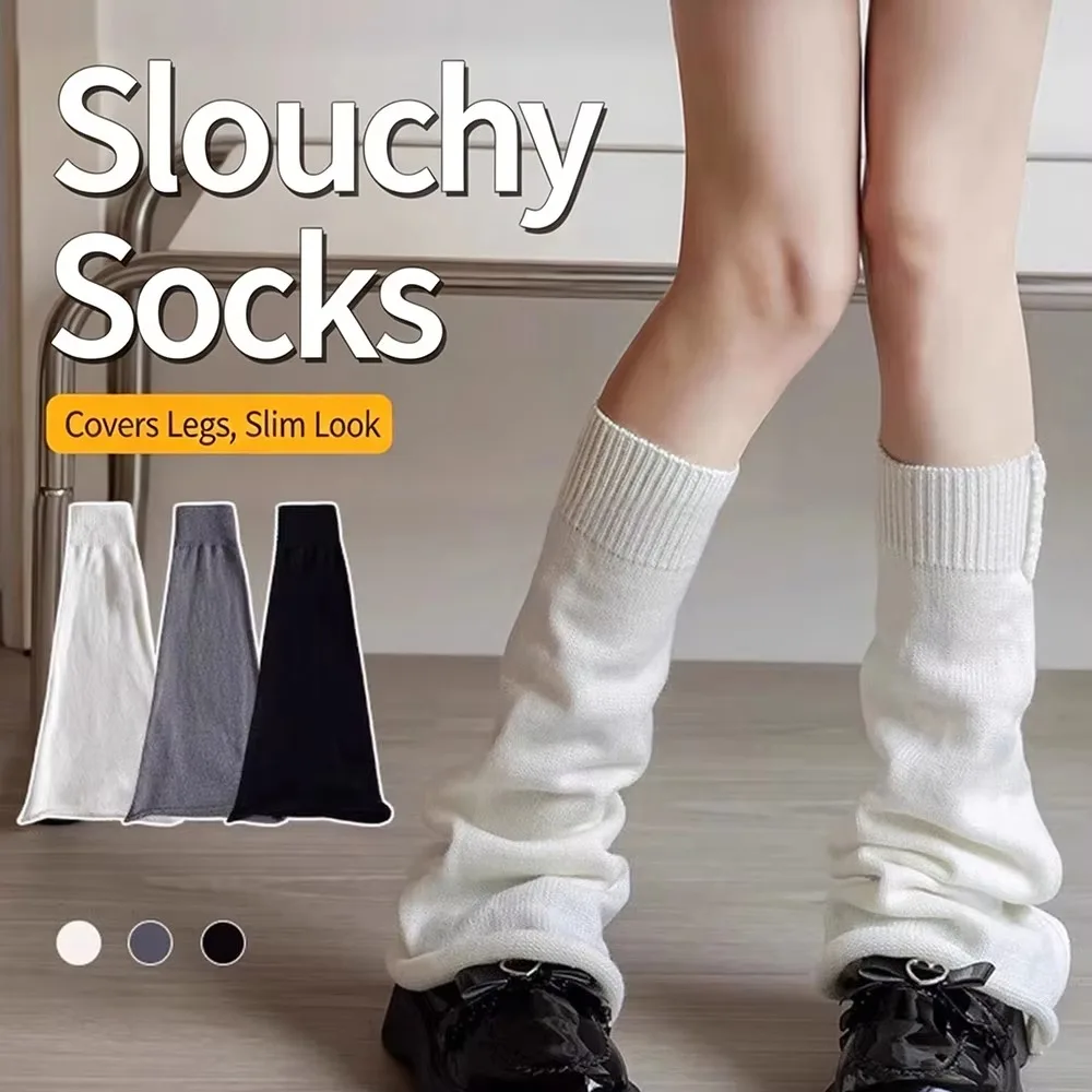 1 pair Stylish Flared Hem Leg Warmers Stretchy Wide Cut Knit Long Socks Solid Color Uniform Socks Women