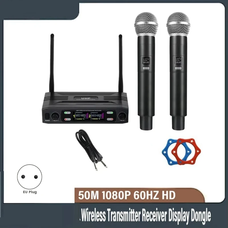 Dual Channel Professional Wireless Microphone System UHF Frequency Cordless Dynamic Mic for Karaoke Party Meet EU Plug-A12I