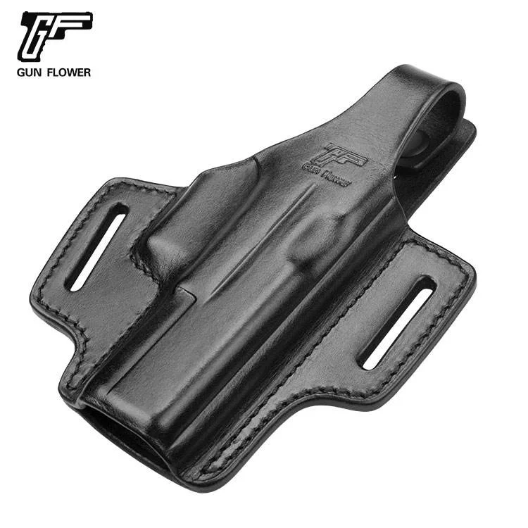 Only For Glock 17/22/31 ,Gun&Flower 2 Slot Thumb release Full Grain Leather Open Muzzle Gun Pouch,Right Hand