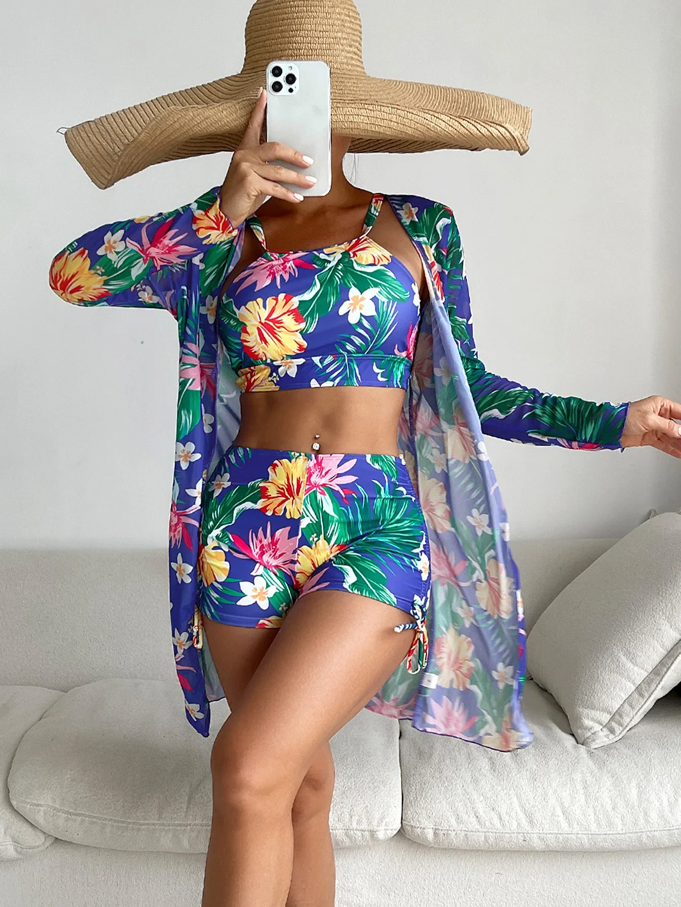 2025 Neues 3-teiliges Set High Neck Tropical Print Bikini Damen Badeanzug & Kimono Cover Up Bademode Sexy Tanga Beachwear Badeanzug