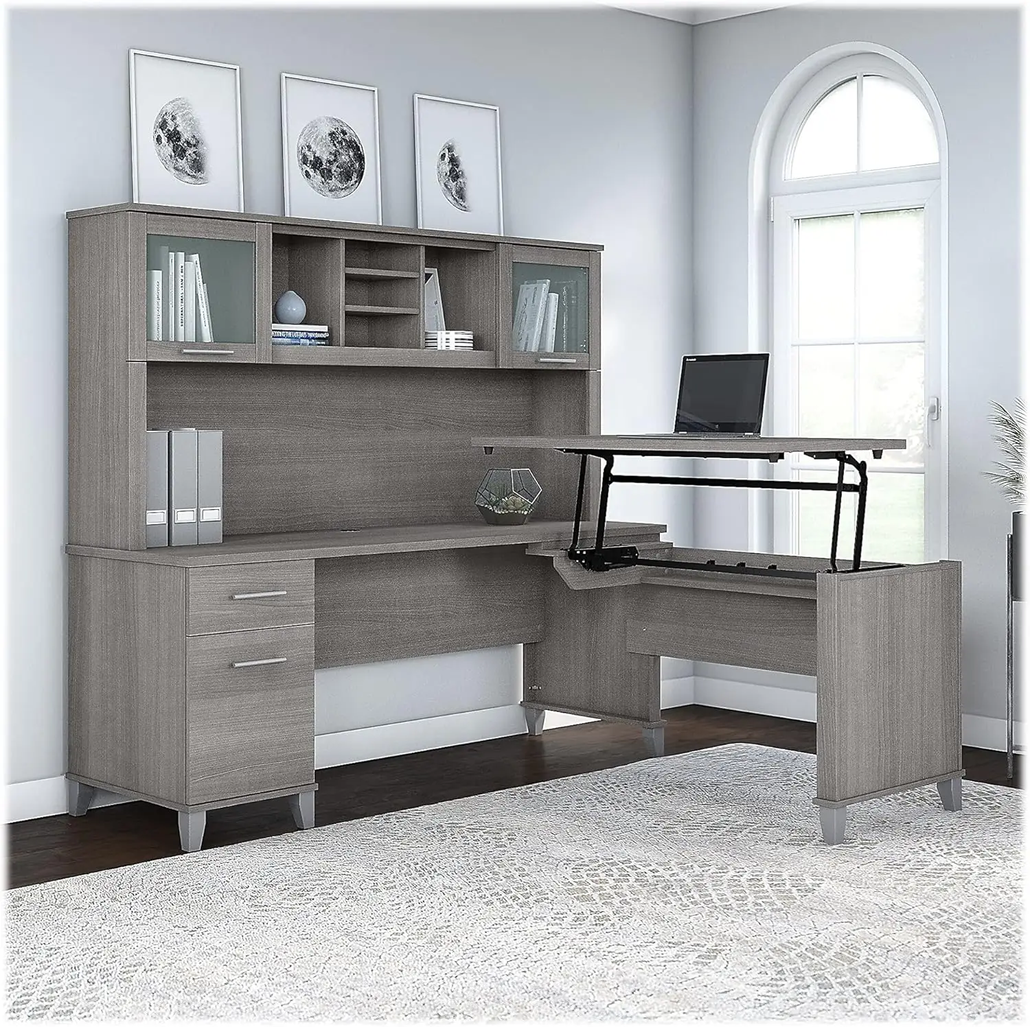 3 Position Sit to Stand L Shaped Desk with Hutch in Platinum Gray | Adjustable Height Table