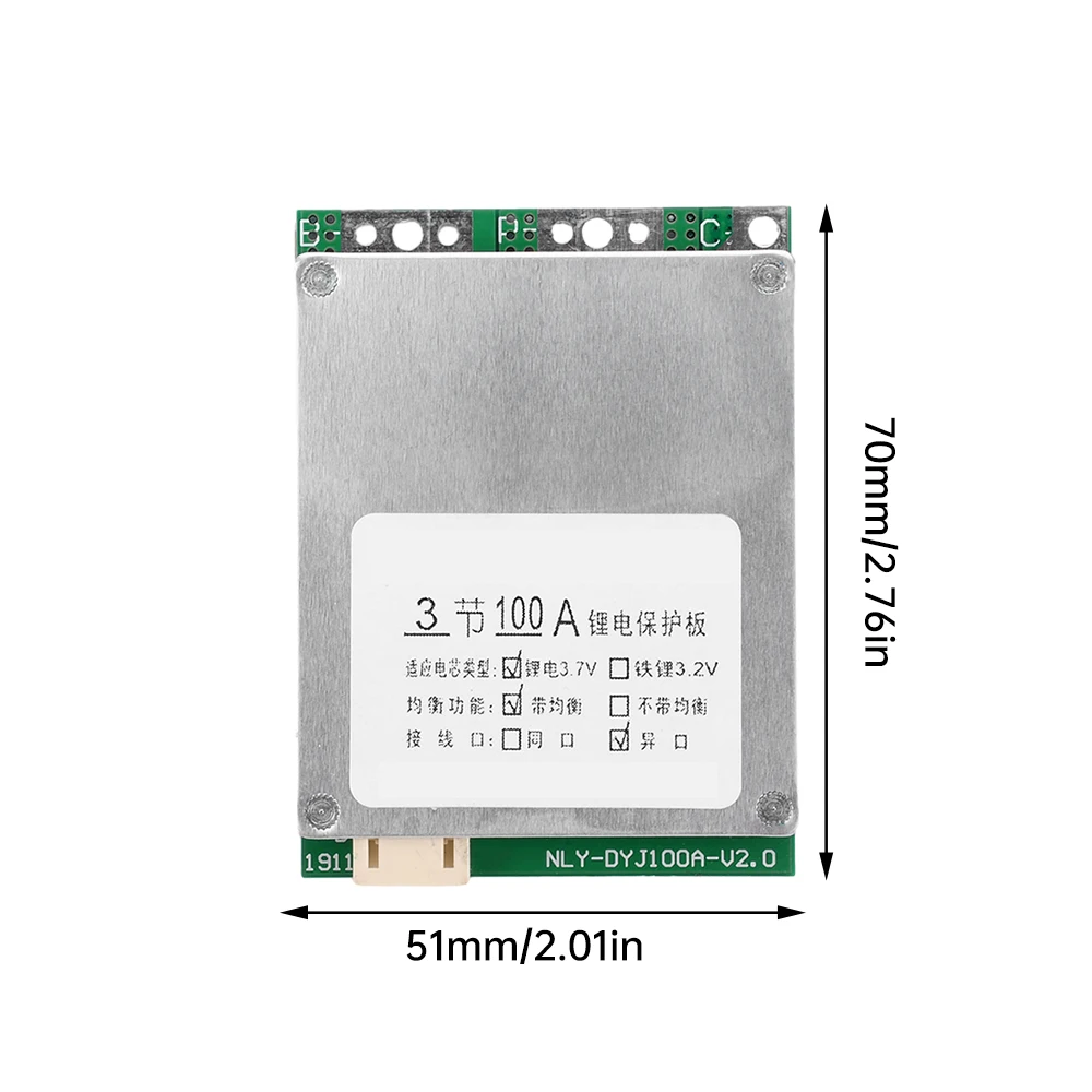 BMS 3S 12V 65A Continuous Current 100A Peak Current Split Port with Equalizer Li-ion Battery Protector Board with Sampling Cable