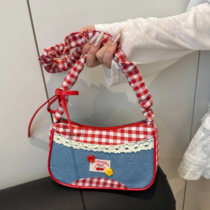 

Милые кружевные клетчатые женские сумки на плечо в стиле пэчворк, сумка в студенческом стиле для девочек, сумка подмышки, простой плиссированный дизайн, женские сумки, кошелек