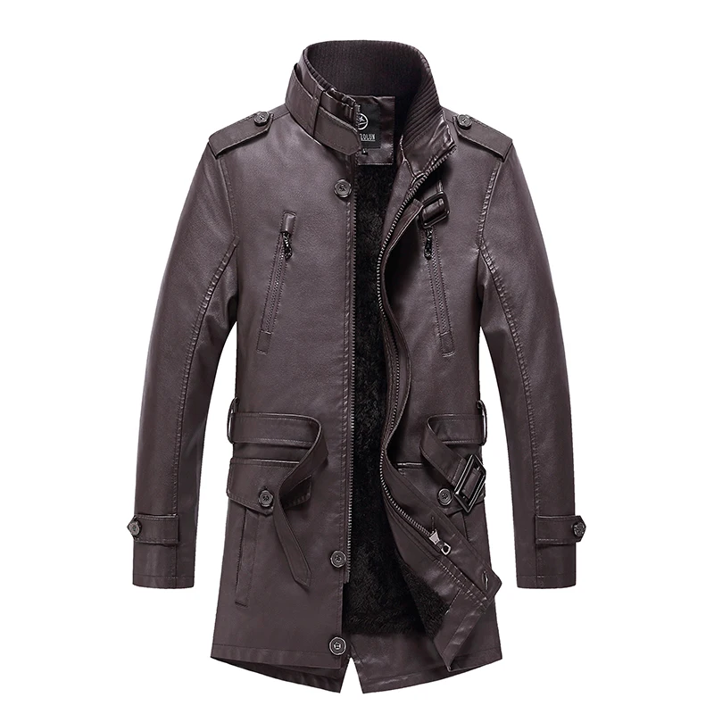 Gorasion New Men's Mid Length Stand Collar Leather Jackets Autumn Winter Fleece Thickened Trench Coats Leather Jackets