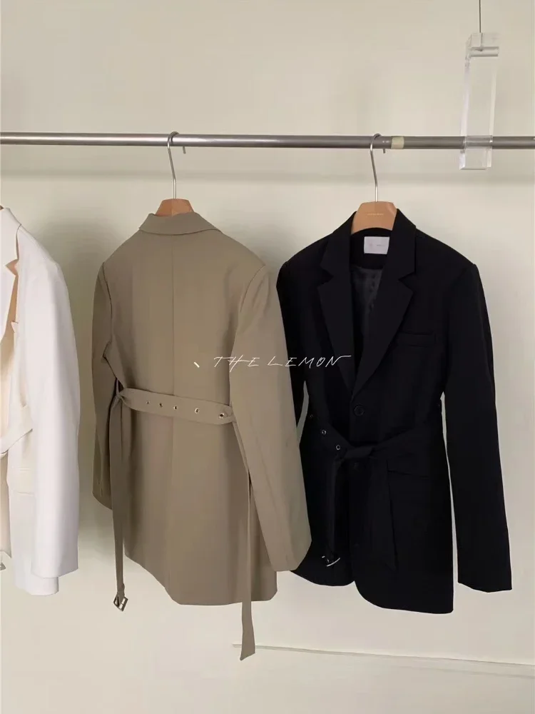 Korean Fashion Long Sleeve Blazer Women Spring 2023 New Elegant Single Breasted Blazer with Belt Office Ladies Streetwear Jacket