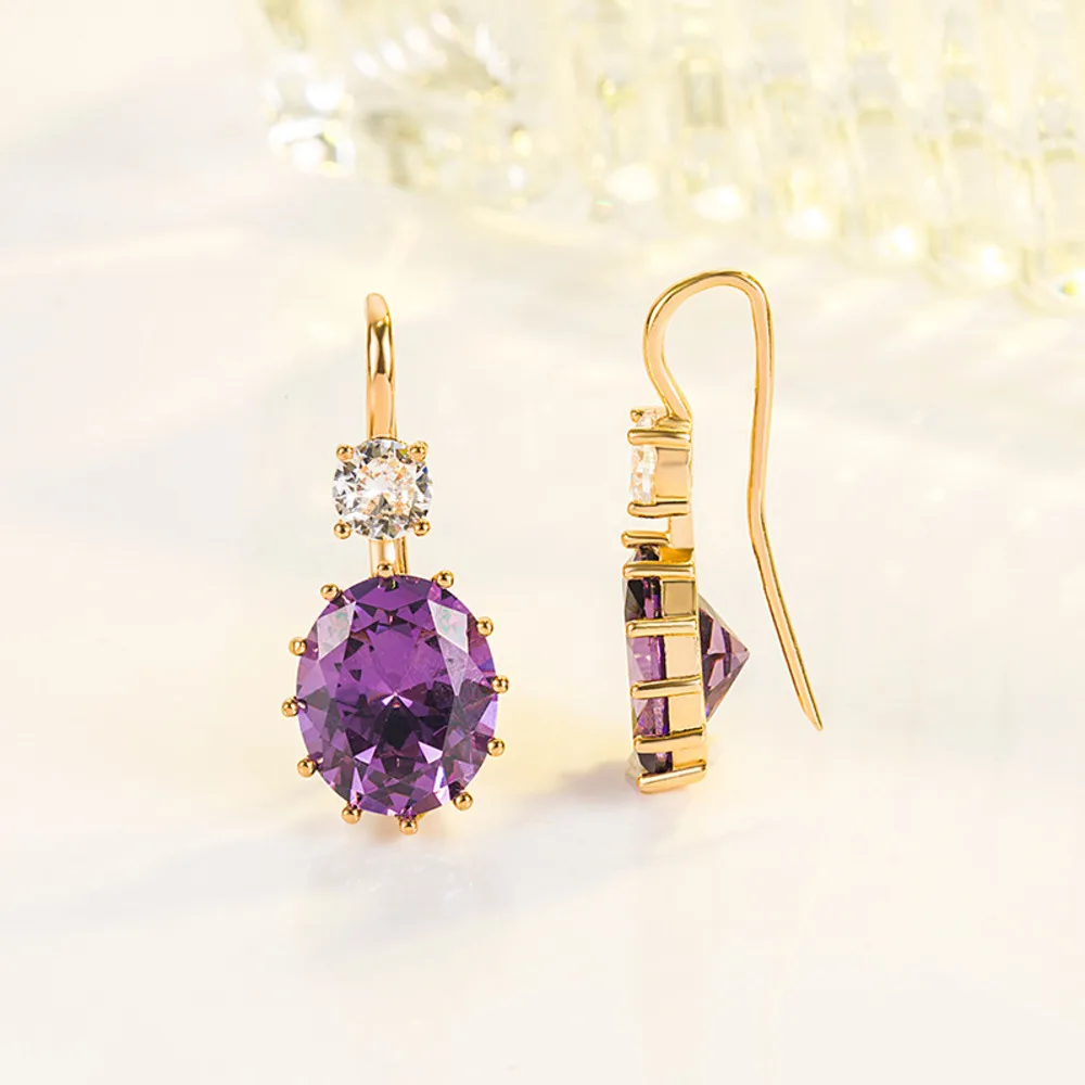 WOSIKATE Korean Oval Amethyst Purple Zircons 925 Sterling Silver 18K Gold Plated Earrings For Women 925 Jewelry Simple Ear Hooks