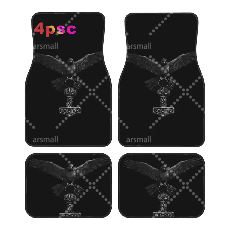 Crystal Velvet Car Floor Mats 4 Pcs Viking Odin Raven with Thor Mjolnir Hammer Norse Odin God Car Front Rear Carpets Foot Mats