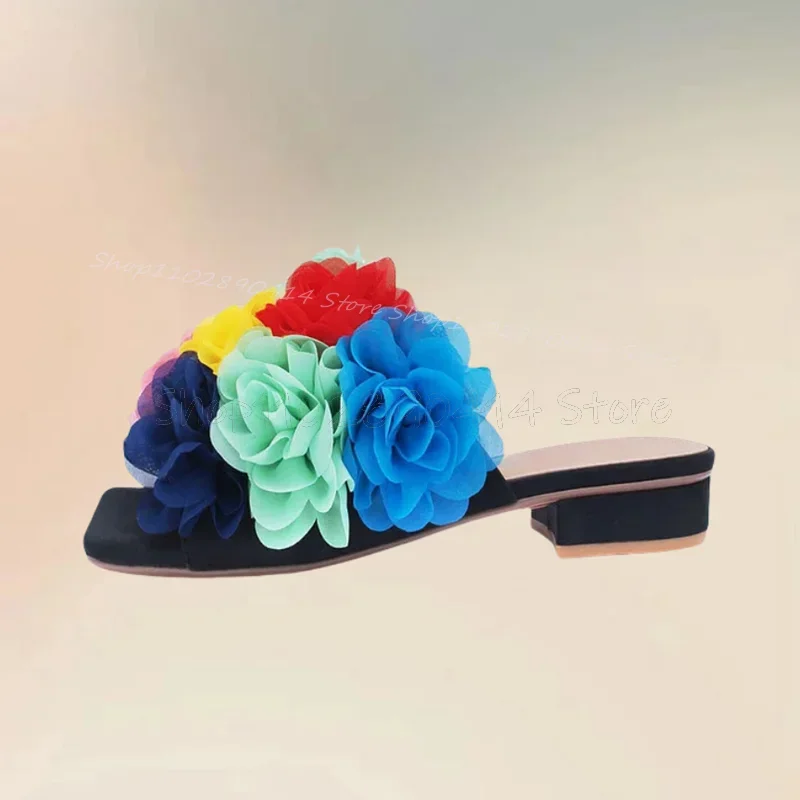 Colorful Appliques Decor Open Toe Slippers Slip On Women Shoes Chunky Heels Fashion Party Feast Banquet 2025 Zapatos Para Mujere