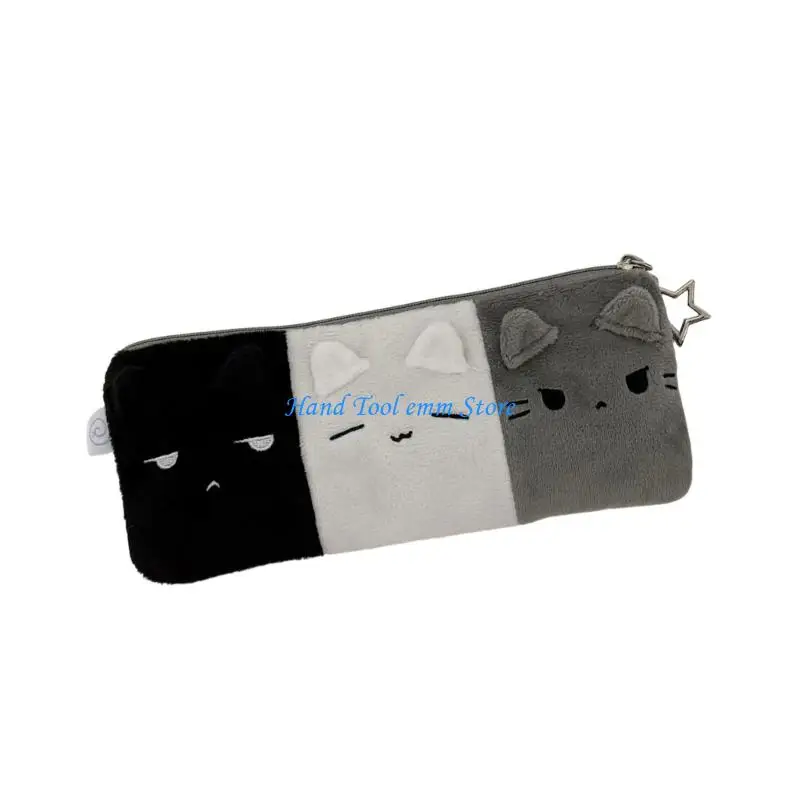 H37F Plush Kitten Pencil Bag Zippered Pencil Case See Through Pen Pouches for Student