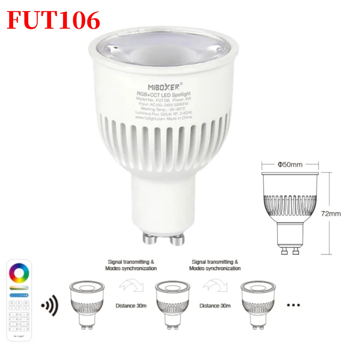 

FUT106 MiBoxer 2.4G RGB+CCT LED SpotLight Bulb 6W GU10 Dimmable Lamp Support 2.4G 4Zone Remote /Wifi APP /Voice Control for Room