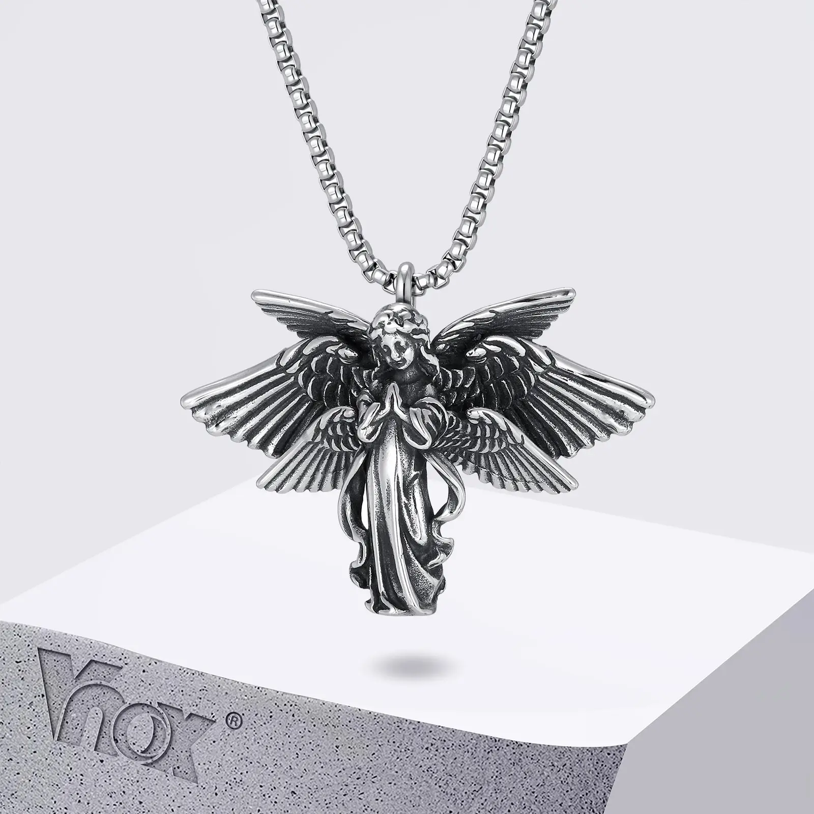 Vnox Edelstahl-Halskette mit sechs Engelsflügeln für Herren, dunkle Gothic-Biker-Kette, silberfarben, Punk-Schmuck, Geschenke