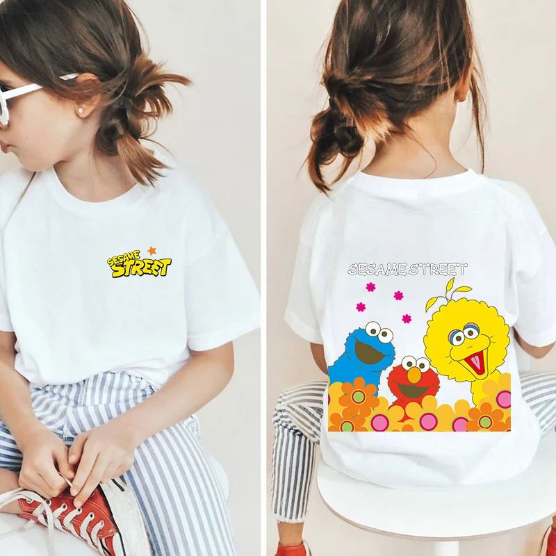 Sesame Street Printed Kids Clothing Kids Cotton T-shirt Casual Short Sleeve White Top Girls Gift