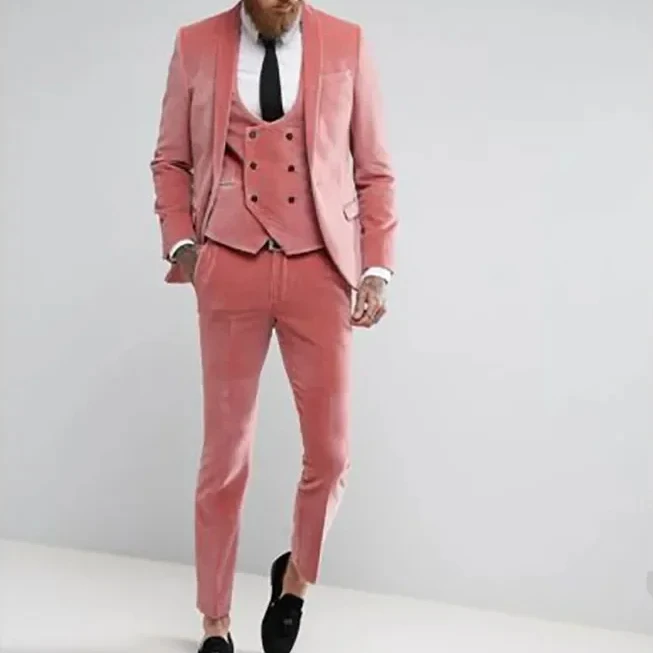 2024 Autumn Warm Velvet Pink Elegant Suits For Men Casual Slim Fit Blazers Hombre High Quality Custom 3 Piece Set Costume Homme