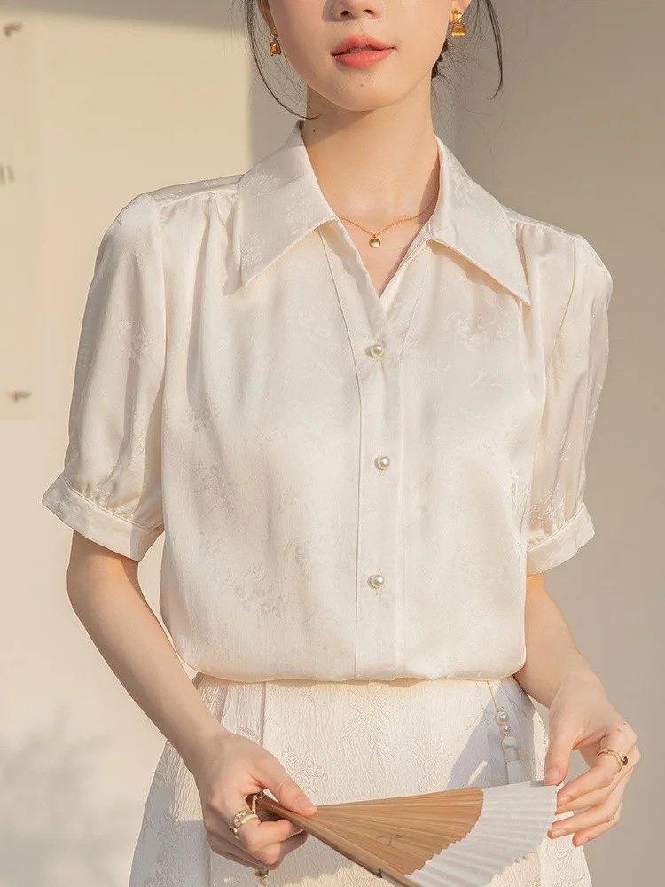 

Acetate Satin Floral Embroidery Light Tawny Shirt Women Summer Vintage National Style V-neck Short Sleeve Blouse Commuting Sk...
