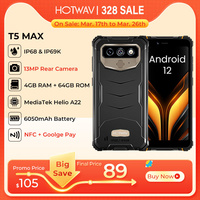 HOTWAV T5 Max Rugged Smartphone Android 13 OS MTK6761 6.0 Inch Screen Phone 4GB 64GB 6050mAh Massive Battery NFC Cell Phone