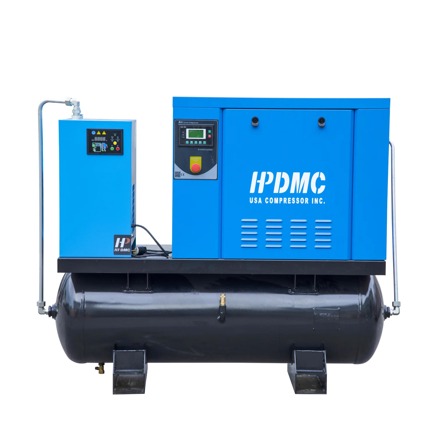 HPDMC 10HP Rotary Screw Air Compressor Spin-on Oil Separator 39CFM@125psi 208-230Volt, 3- Phase with Air Dryer and ASME Air Tank