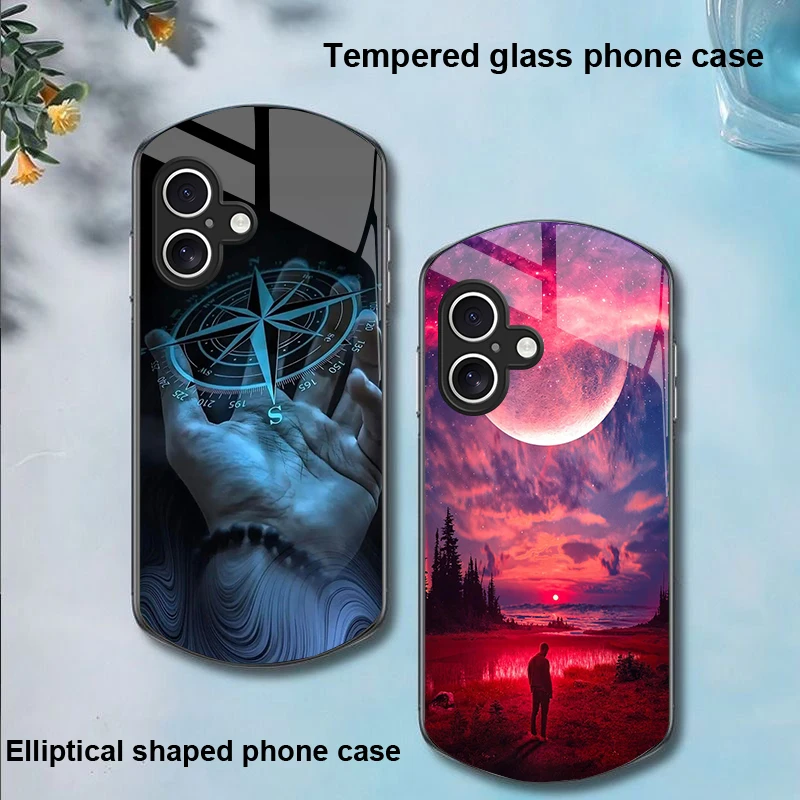 Lunar astronauts For Apple iPhone 16 11 13 15 14 Pro Max 12 Mini 7 8 Plus XR X XS Elliptical shaped tempered glass phone case