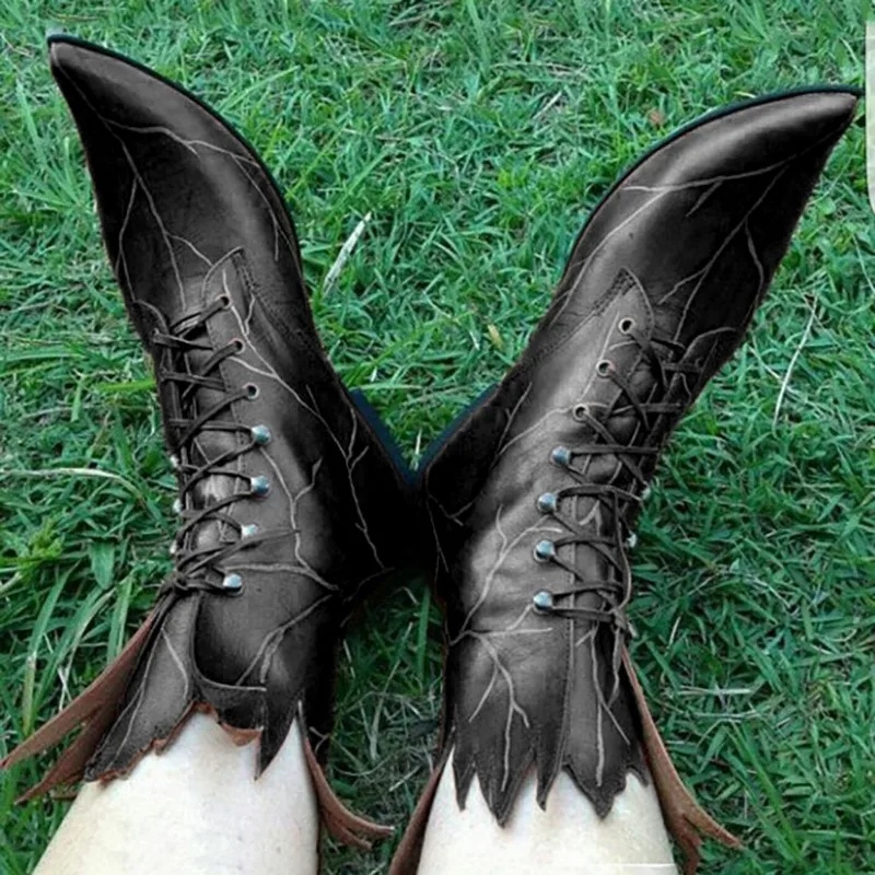 女性用妖精コスプレレトロエルフシューズフェイクレザーポルネ中世コスチューム小道具ゴシックエルフ魔女ブーツツリースピリットリーフブーツ