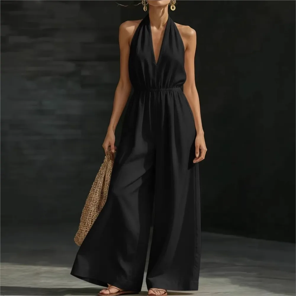 Halter Neck Vest Jumpsuit Women's Fashion French Summer New Sexy V-neck Solid Color Casual Loose Jumpsuit Комбинезон Женский
