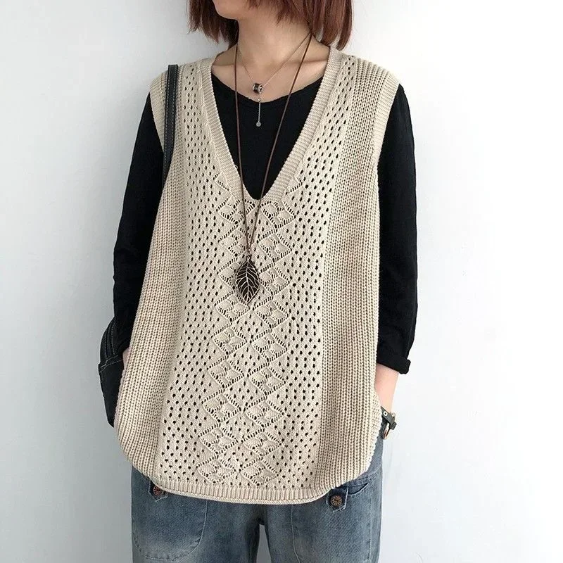 Fashion Spring Autumn Hollow Out Thin Knitted Sleeveless Sweater Vest Korean Women Loose V-Neck Casual Pullover Jersey