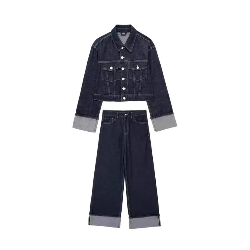 

Женский модный комплект: синяя джинсовая куртка с карманами на одной пуговице, ретро-воротник, длинный рукав, прямые джинсовые брюки, повседневный стиль